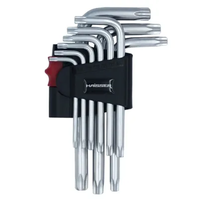 Набір Г-подібних ключів TORX з отвором 9 од., S2, Т10-50, HAISSER